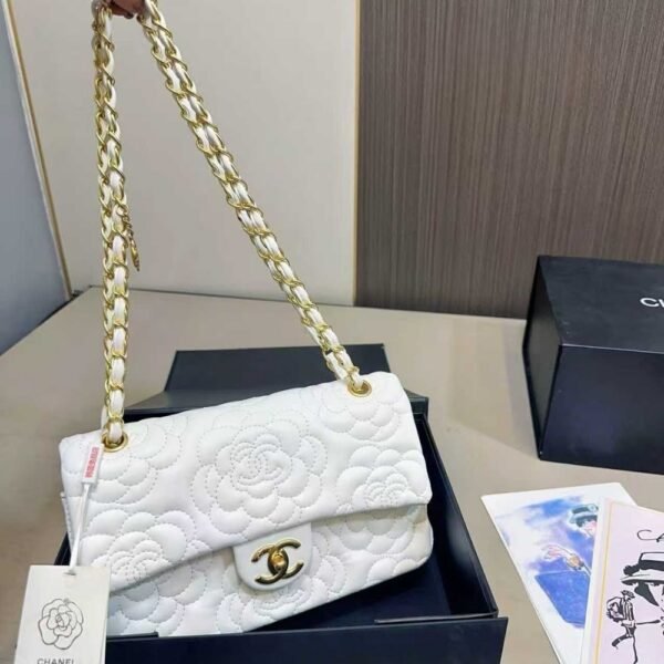 Chanel Flap Bag With Camellia Flower Chain White 26cm