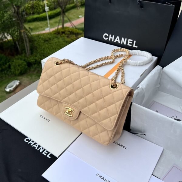 [Premium Quality] – Chanel Classic Grain Gold Hardware Handbag Beige 9.8 Inches A01112
