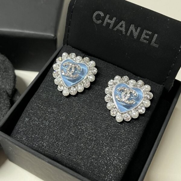 Chanel Heart Motif And Crystal Earrings Blue