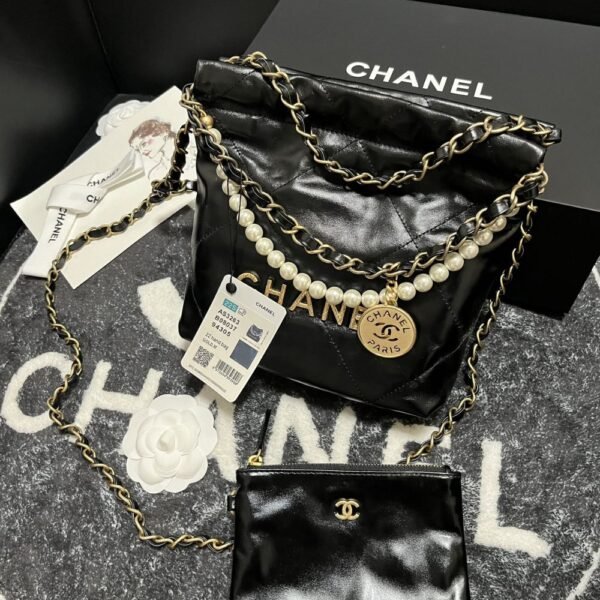 [Premium Quality] – Chanel 22 Mini Handbag Shiny Crystal Pearls Gold Tone Metal Black 7.8 Inches As3980 B10672 94305