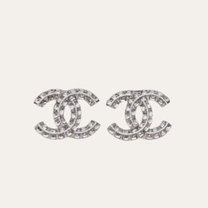 Chanel Cc Crystal Stud Earrings Metal Silver