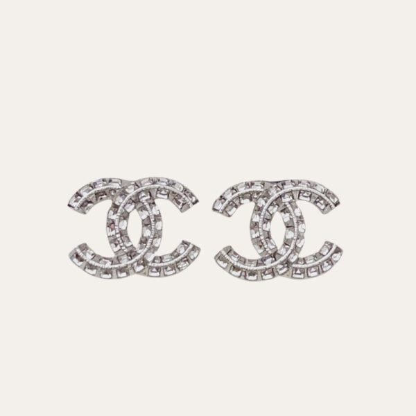 Chanel Cc Crystal Stud Earrings Metal Silver