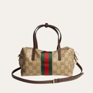 Gucci Mini Boston Bag Web GG Canvas Sand Dark Brown 7.5 Inches
