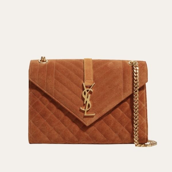 Saint Laurent Envelope Medium Matelassé Suede Shoulder Bag Brown 9.6 Inches
