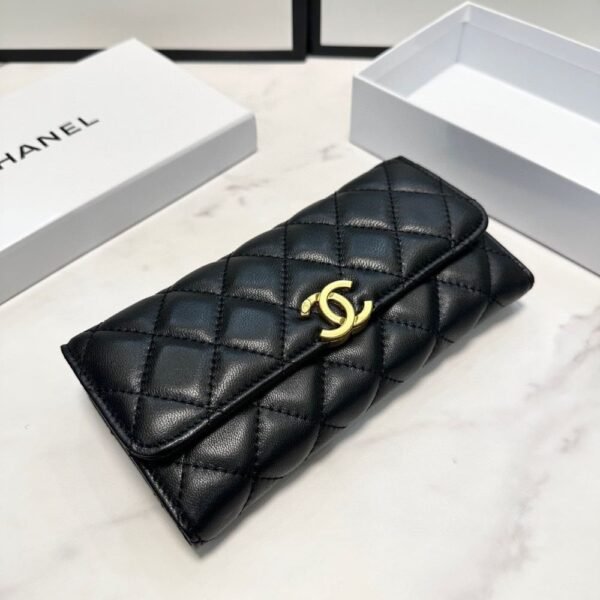 2-21 Chanel Cc Logo Long Flap Wallet Gold Black 7.5 Inches