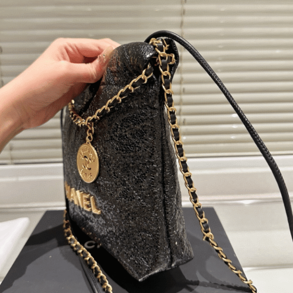 Chanel 22 Sequined Coin Bucket Bag Black 6.7 Inches
