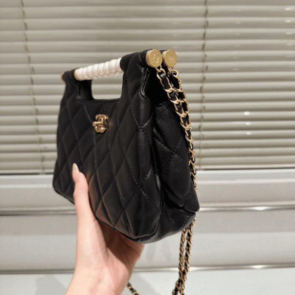 2-254 Chanel Small Tote Shini Pearls Gold-Tone Metal Black 9.1 Inches