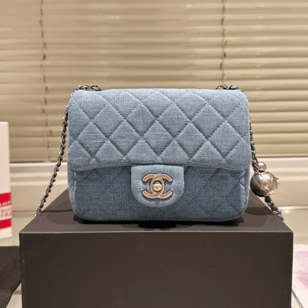 2-269 Chanel Denim Gold Ball Square Flap Bag Blue 7.1 Inches