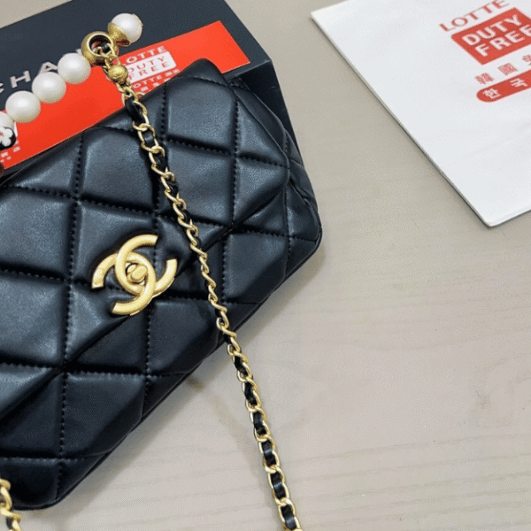 Chanel Flap Pearl Chain Shoulder Bag Black 8.7 Inches
