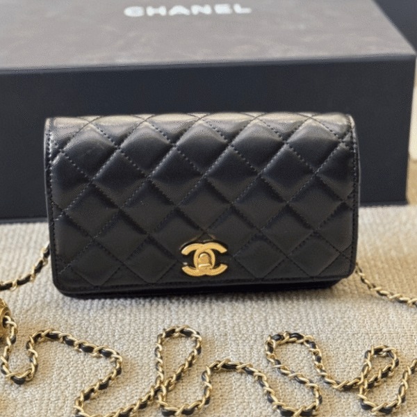 Chanel Flap Bag Woc (Wallet On Chain) With Gold Ball Charm Black 7.5 Inches