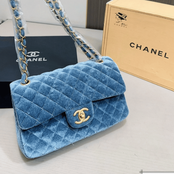 Chanel Velvet Classic Flap Bag Blue 9.8 Inches