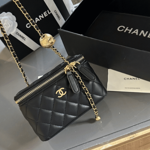 Chanel Mini Vanity Case With Gold Ball Black 7.1 Inches