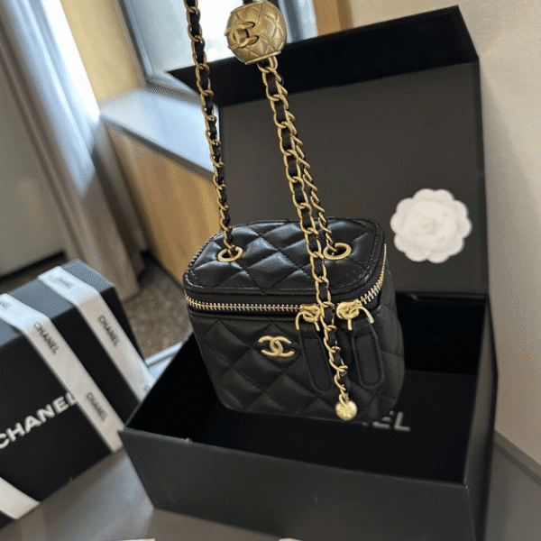 Chanel Mini Vanity Case With Gold Ball Black 4.3 Inches