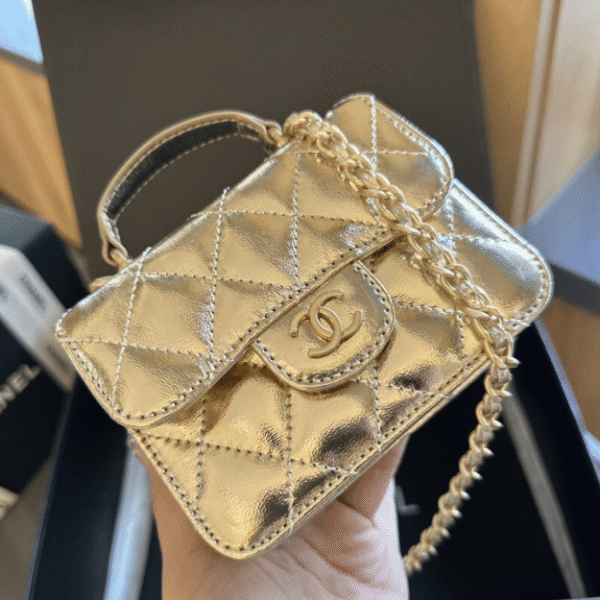 Chanel Mini Top Handle Flap Bag Gold Metallic 5.1 Inches
