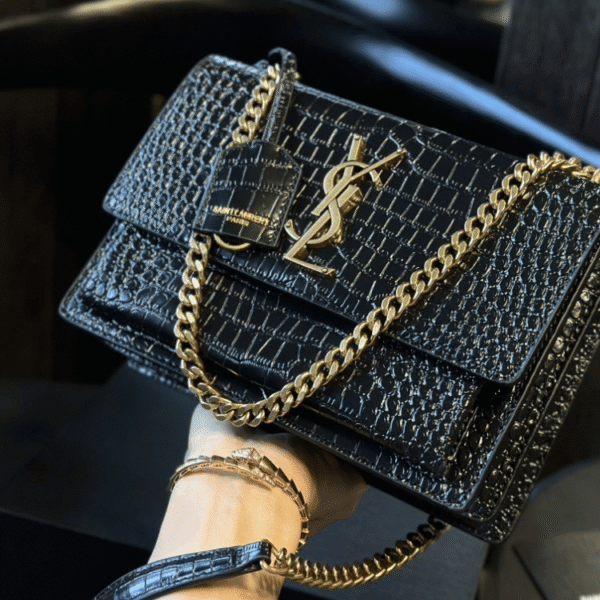 2-447 Saint Laurent Sunset Bag Black Croc 9 Inches 442906DND0J1000