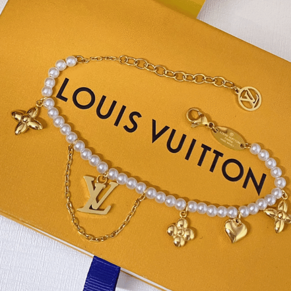 Louis Vuitton Monogram Flower Pearl Charm Bracelet Gold-Tone