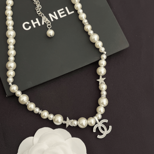 Chanel Pearl Choker Necklace With Star And Cc Pendant Silver-Tone