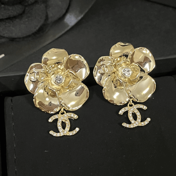 Chanel Camellia Flower Drop Earrings With Cc Logo Gold-Tone