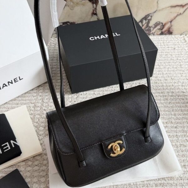 Chanel Small Flap Bag Grained Shiny And Gold Tone Black 8.7 Inches AS6130 B23483 94305