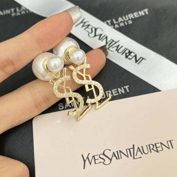 Yves Saint Laurent Cassandre Logo And Pearl Double Earrings Gold-Tone