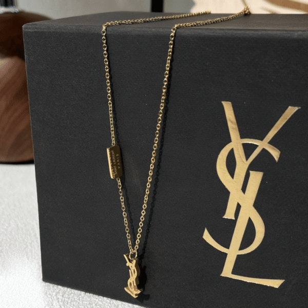 Yves Saint Laurent Cassandre Logo Pendant Necklace Gold-Tone