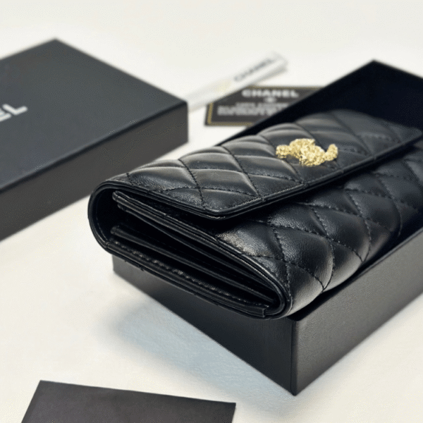Chanel Quilted Long Flap Wallet Black 7.7 Inches