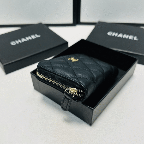 Chanel Zipped Coin Purse Black Gold Hardware 3.5 Inches