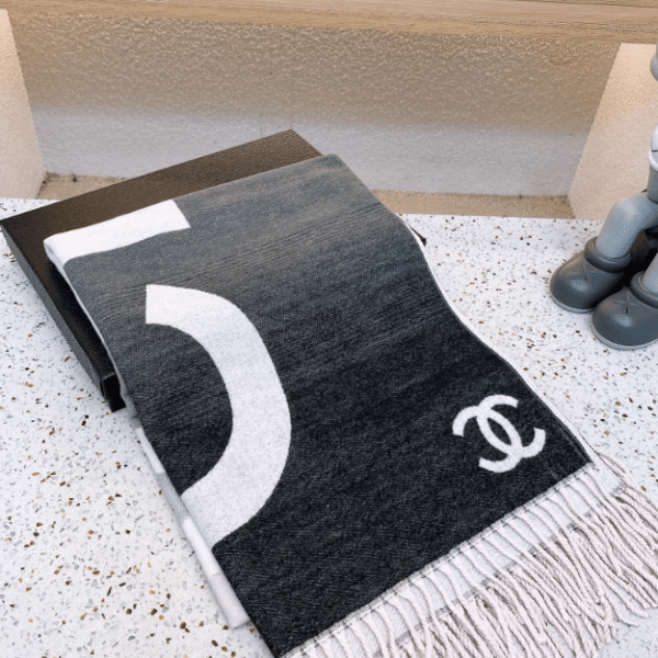 Chanel No. 5 Logo Cashmere Wool Scarf Black/White 70.8 Inches