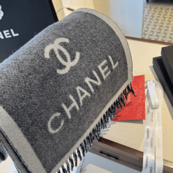 Chanel Logo Cashmere Scarf Grey/White 74.8 Inches