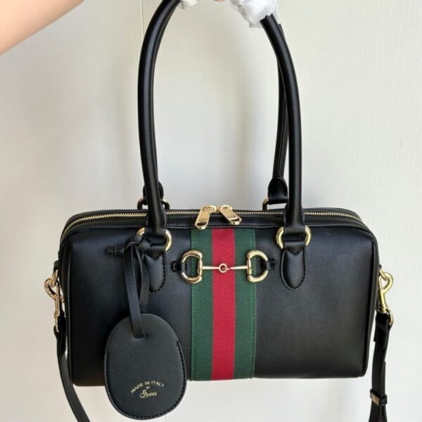 Gucci Borsetto Medium Boston Bag Black Leather 11 Inches 866732 AAGIQ 1053