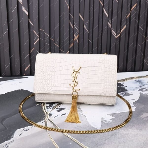 Saint Laurent Kate Medium Tassel In Crocodile White 9.4 Inches