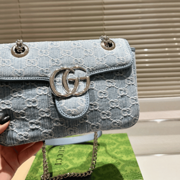 Gucci Gg Marmont Denim Chain Shoulder Bag Blue 8.7 Inches