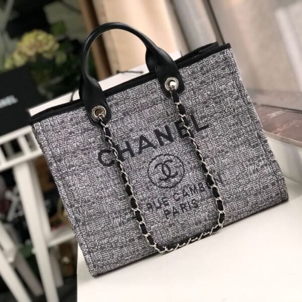 Chanel Deauville Tote Raffia Canvas Bag Black 14.9 Inches
