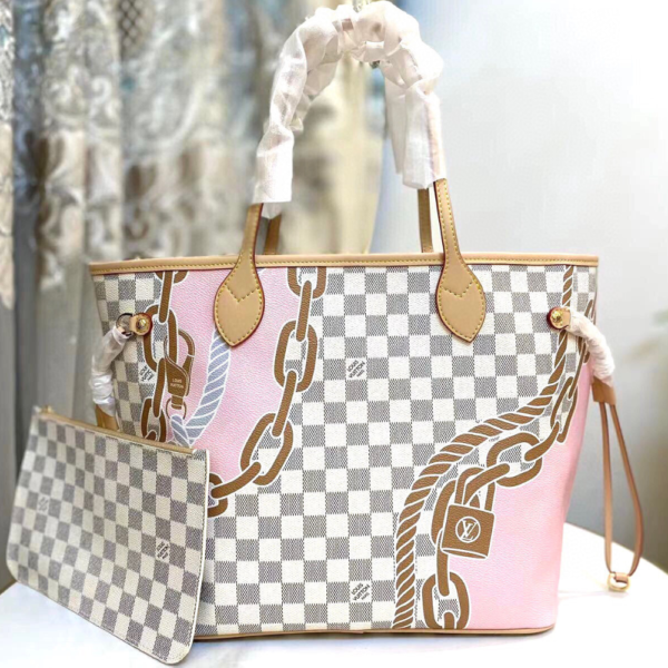 244 Louis Vuitton Neverfull MM Damier Azur Summer Trunks Pink 12.2 Inches M46329