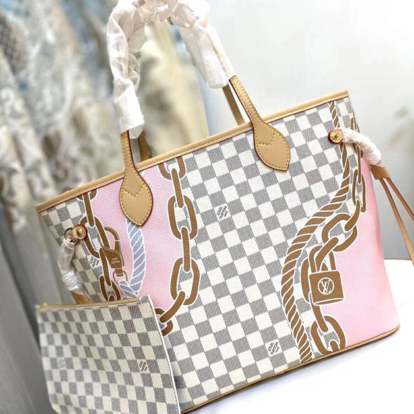 245-1 Louis Vuitton Neverfull MM Damier Azur Summer Trunks Pink 12.2 Inches M46329