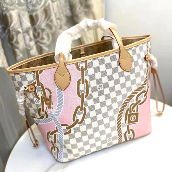247-1 Louis Vuitton Neverfull MM Damier Azur Summer Trunks Pink 12.2 Inches M46329