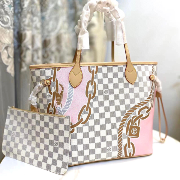 248-1 Louis Vuitton Neverfull MM Damier Azur Summer Trunks Pink 12.2 Inches M46329