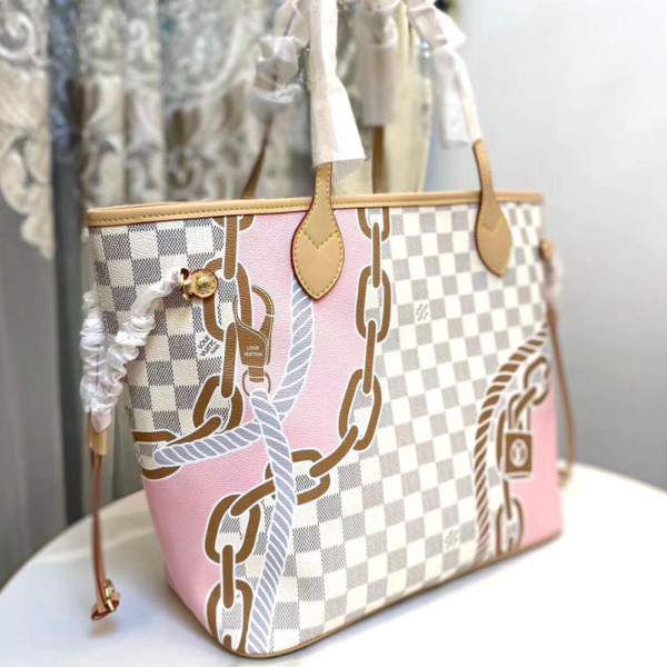 251-1 Louis Vuitton Neverfull MM Damier Azur Summer Trunks Pink 12.2 Inches M46329