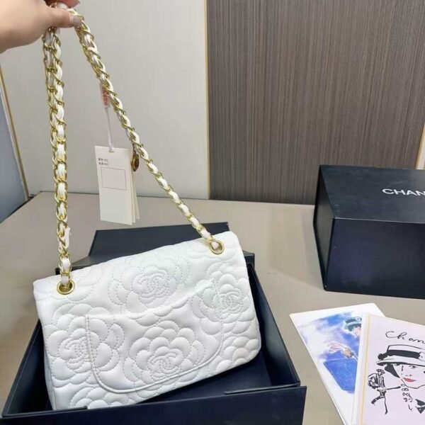Chanel Flap Bag With Camellia Flower Chain White 26cm