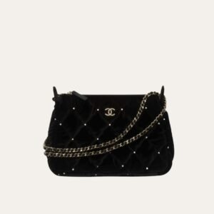Chanel Velvet Crystal Quilted Chain Hobo Bag In Black 8.7 Inches AP4861 B17652 93405