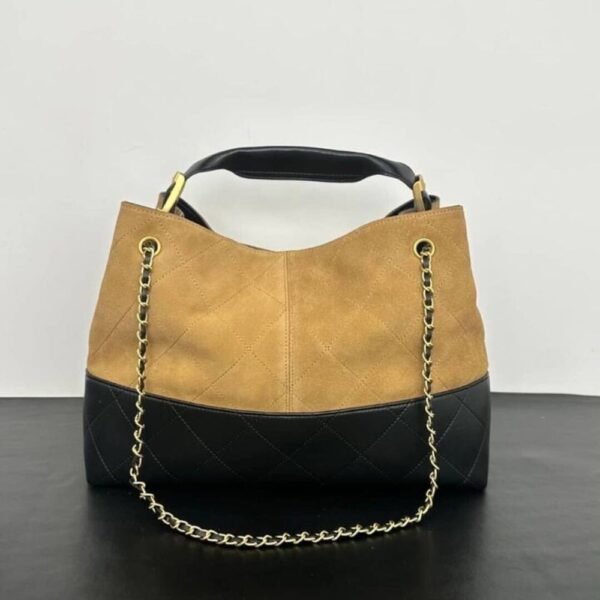 [Premium Quality] Chanel Shopping Bag Shiny And Gold Tone Metal Beige Black 14.2 Inches As5657 B20827 U1536