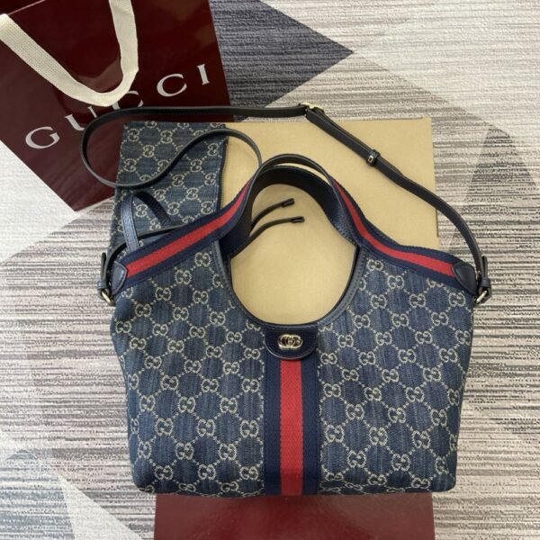 [Premium Quality] Gucci Giglio Small Tote Bag Blue And White Gg Denim 9.8 Inches 860845 Fafrw 8864