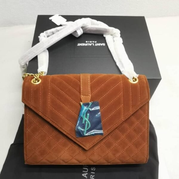 Saint Laurent Envelope Medium Matelassé Suede Shoulder Bag Brown 9.6 Inches