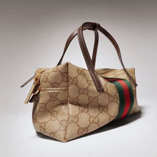Gucci Mini Boston Bag Web GG Canvas Sand Dark Brown 7.5 Inches