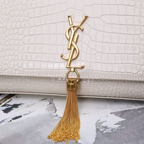 Saint Laurent Kate Medium Tassel In Crocodile White 9.4 Inches