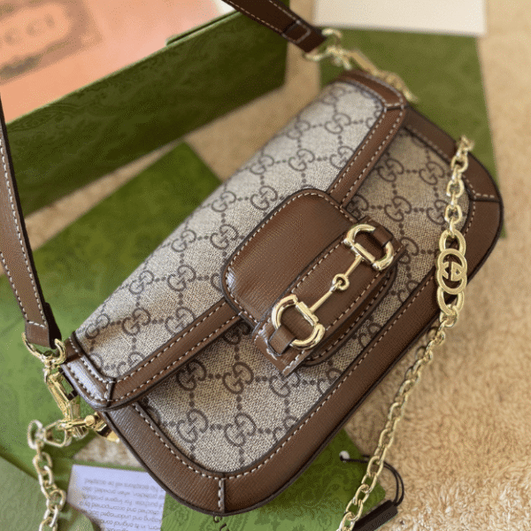 3-202 Gucci Horsebit 1955 Small Top Handle Bag Brown 9.1 Inches
