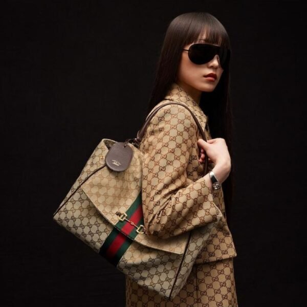Gucci Paparazzo Medium Top Handle Bag GG Canvas Sand Brown 12.6 Inches
