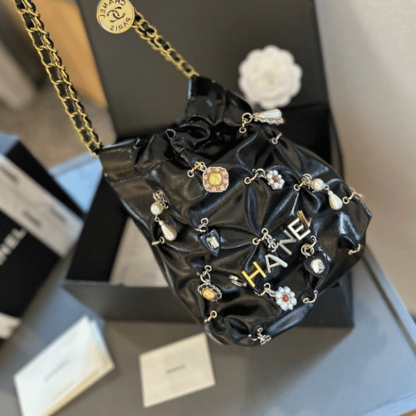 3-254 Chanel 22 Mini Drawstring Bucket Bag Black 7.9 Inches