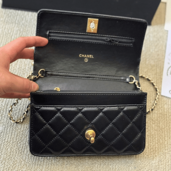Chanel Flap Bag Woc (Wallet On Chain) With Gold Ball Charm Black 7.5 Inches