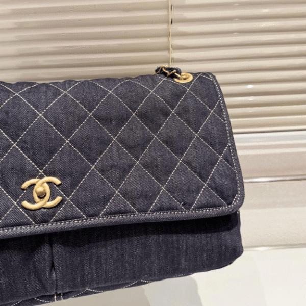 3-284 Chanel Denim Classic Flap Shoulder Bag Dark Blue Denim 16.9 Inches